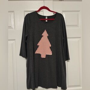 Gray Women's tunic Top with red and white striped boho Christmas tree